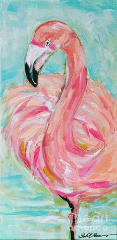 a painting of a pink flamingo standing in the water