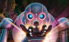 an animated robot with glowing eyes and hands in front of a colorful background that looks like it's coming out of the ground