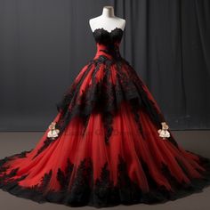 Black And Red Wedding Dress, Wedding Red Dress, Strapless Ball Gown Wedding Dress, Black And Red Wedding, Red Hoco Dress, Dark Red Wedding, Strapless Ball Gown, Black Wedding Gowns, Red Wedding Dress