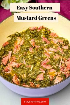 easy southern mustardd greens in a pan with text overlay