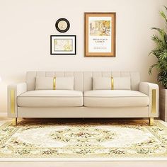 a living room with a couch, rug and framed pictures on the wall above it