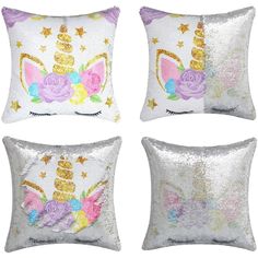 four unicorn pillows with sequins and flowers on them, each one has a different color