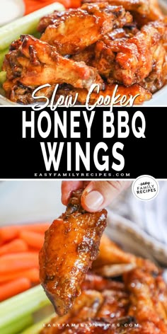 honey bbq wings with carrots and celery in the foreground text reads slow cooker honey bbq wings