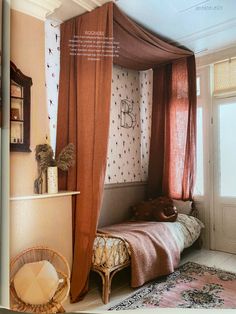 an image of a bedroom setting with curtains on the window and bed in the corner