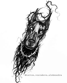 a black and white drawing of a dog's head