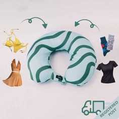 an inflatable neck pillow with various pieces of clothing and accessories around it on a white background