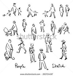 people walking and sitting around in different poses, hand drawn illustration on white paper stock photo