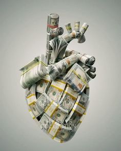 a heart made out of money on a gray background