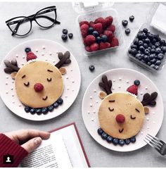 two plates with pancakes decorated like animals and berries