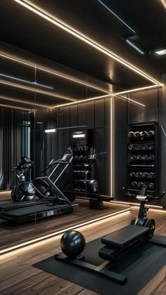 a gym with exercise equipment and mirrors