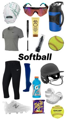 the words softball are written in black and white, along with sports items such as baseball gloves