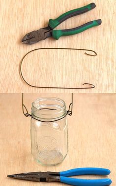 a mason jar with fishing hooks and pliers next to it