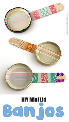 three banjos made from recycled jar lids and loombands. They have a craft stick 'neck' decorated with washi tape. Banjo Craft, Crafts Aesthetic, Craft From Waste Material, Homemade Instruments, K Crafts, Recycling Ideas, Diy Instruments, Diy Musical Instruments, Music And Movement