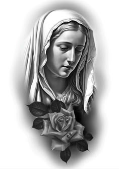 a black and white drawing of a woman holding a rose