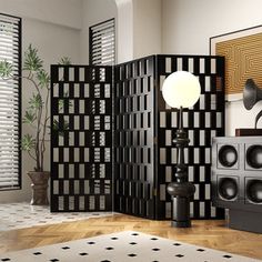 the room is decorated in black and white with geometric designs on the walls, flooring and rugs