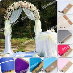 wedding arch with flowers and satin table cloths for outdoor ceremony decoration, white ivory silver fuchsia pink tulletta