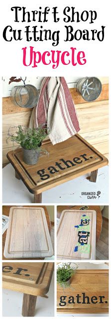 a collage of photos showing how to make an upcycle coffee table with thrift shop cutting board