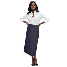 Jessica London Women's Plus Size True Fit Stretch Denim Midi Skirt Skirt.Premium stretch denim and a no-gap contoured waistband give this denim midi skirt a curve-hugging fit thats full-on flattering. The look is relaxed but also refined, making it polished enough to wear to the office and cool enough for weekend outings. Premium stretch denimSlightly lower contoured waist5-pocket styling, zip-button closure, belt loopsA-line silhouette36" length hits mid-calfCotton/poly/spandex Machine wash; im Fitted Denim Skirt, Casual Denim Skirt, Long Jean Skirt, Stretch Denim Skirt, Utility Skirt, Denim Skirt Women, Work Wear Women, Ladies Of London, Denim Midi Skirt