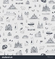 the pattern is drawn in black and white on a light blue background with buildings, boats, and other things