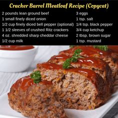 a recipe for meatloaf is shown on a white platter with sauces