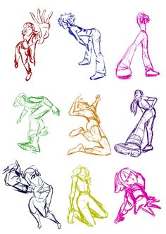 six different colored drawings of people sitting and standing