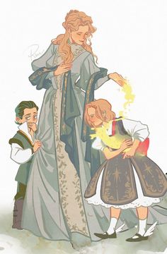 an image of a woman and two children dressed in medieval clothing with fire coming out of her hands