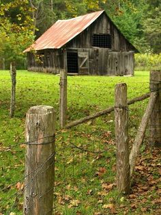 an old barn in the woods with a rusted metal roof and fence around it