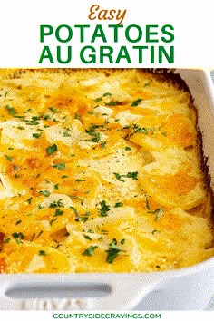 an easy potato casserole recipe in a white dish with the title above it