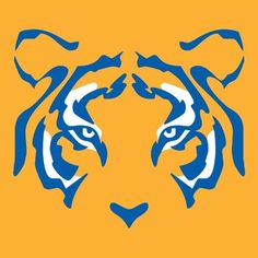 a tiger's head is shown in blue and yellow colors on an orange background