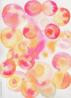 an abstract painting with pink and yellow circles