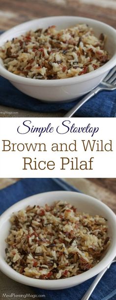 brown rice and wild rice pilaf in a white bowl on a blue napkin