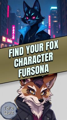 an image of a fox character with the words find your fox character fursona