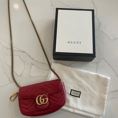 This Purse Was Used One Time!! It’s In Brand New Condition! I’m Selling Because The Purse Hangs Longer On Me Than I Want. There Is Not A Scratch Or Flaw Inside Or Outside! Red Designer Bag, Red Gucci Bag, Gucci Gg Marmont Matelasse, Knit Sweater Outfit, Dream Bags, Gucci Purse, Bags Gucci, Sweater Outfit, Gucci Gg Marmont