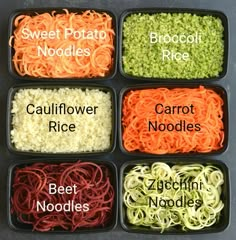 four trays filled with different types of veggies and noodles in each container