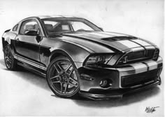 a drawing of a mustang car with stripes on it's hood and front end