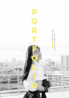 a woman standing on top of a roof next to a tall building with the words portio written above her