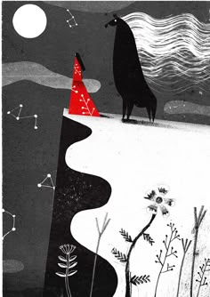 a black and white illustration with a red hat on it's head standing in the middle of a field