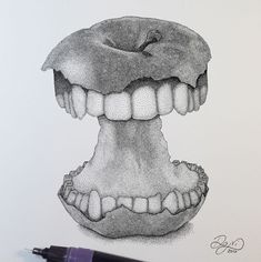 a pencil drawing of an apple with teeth and gums on it's side