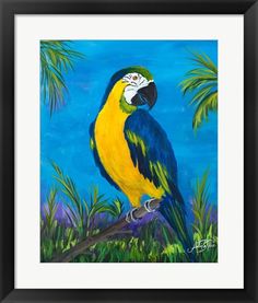 a painting of a parrot perched on a tree branch with palm trees in the background