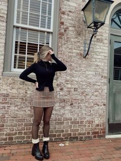 Tan Ribbed Skirt Outfit, Fall Fits Dresses, Outfits With Corduroy Skirt, Skirt With Nylons Outfit, Dresses With Stockings Outfit Fall, Fall Outfits Plaid Skirt, Black Mini Skirt Outfit With Sneakers, Fall Skirt And Tights Outfit, Fall Skirt And Dress Outfits