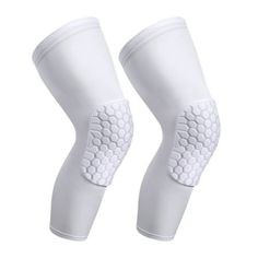 pair of white knee pads with hexagonal pattern on the sleeves and bottom part