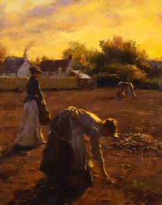 a painting of two women working in a field