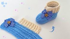 two crocheted baby booties with bows on the top and bottom, sitting next to each other