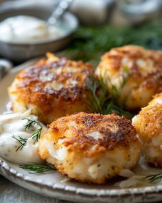 three crab cakes on a plate with cream sauce and sprig of dill