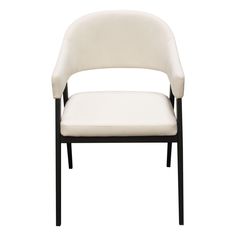 an upholstered chair with black legs and a white fabric seat pad on the back