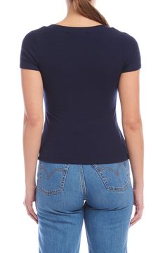 Stretchy ribbing lends lovely texture to a fitted square-neck crop top that's a go-to on its own or as a base layer. 21 1/2" length (size Small) Square neck Short sleeves 95% rayon, 5% spandex Dry clean or hand wash, dry flat Made in the USA Fitted Ribbed Elastane Tops, Fitted Square Neck Top, Fitted Crop Top With Ribbed Neckline, Trendy Fitted Top With Seamless Collar, Fitted Crop Top With Ribbed Neckline And Short Sleeves, Casual Fitted Top With Seamless Collar, Fitted Cropped Tops With Ribbed Neckline, Fitted Cotton Tops With Seamless Collar, Fitted Solid Crop Top With Ribbed Neckline