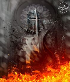 a knight in armor surrounded by flames