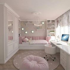 a white and pink bedroom with a bed, desk, chair and laptop on it