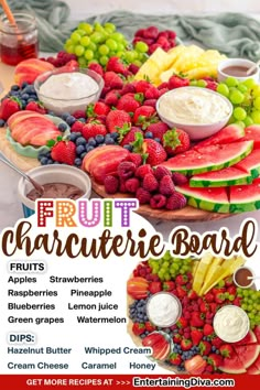 an advertisement for a fruit charcute board with different fruits and dips on it