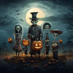 a group of halloween characters standing in front of a full moon